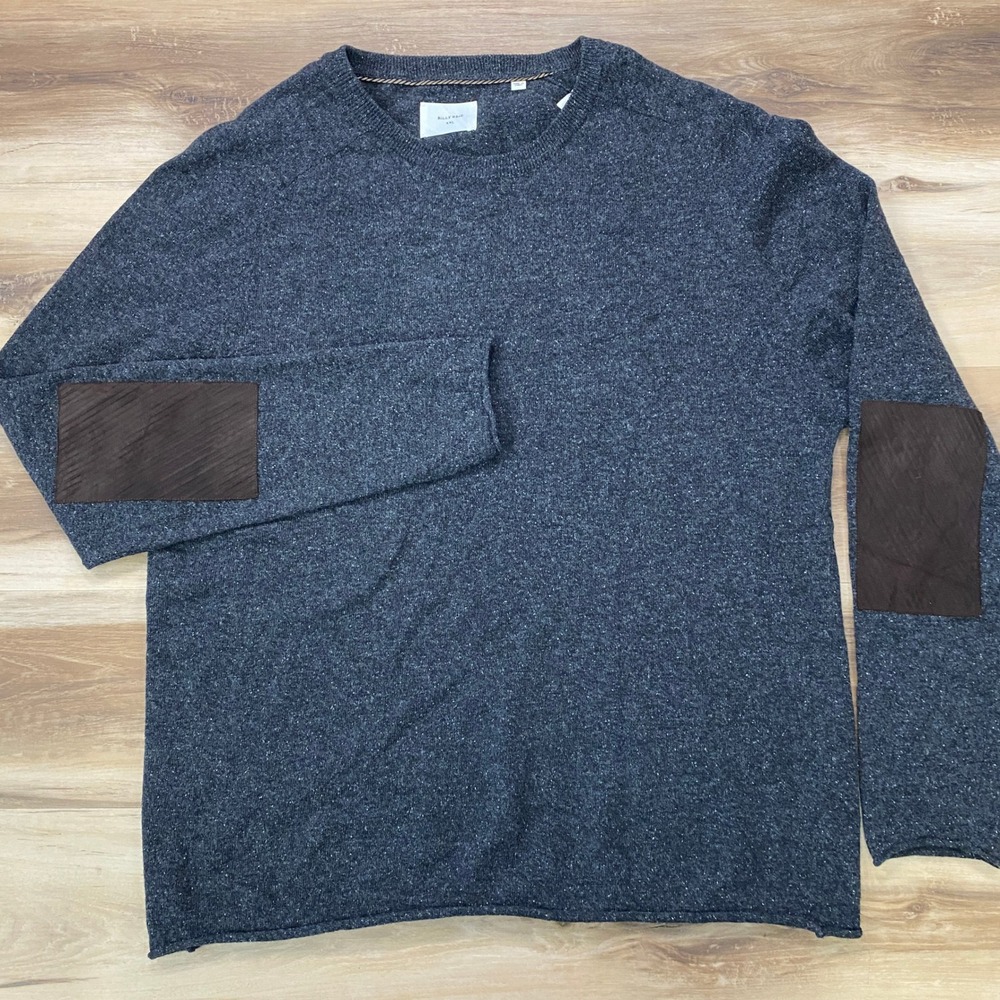 Billy Reid Sweater XXL Elbow Patch Wool Cashmere Silk Blend Crew Neck Gray Italy